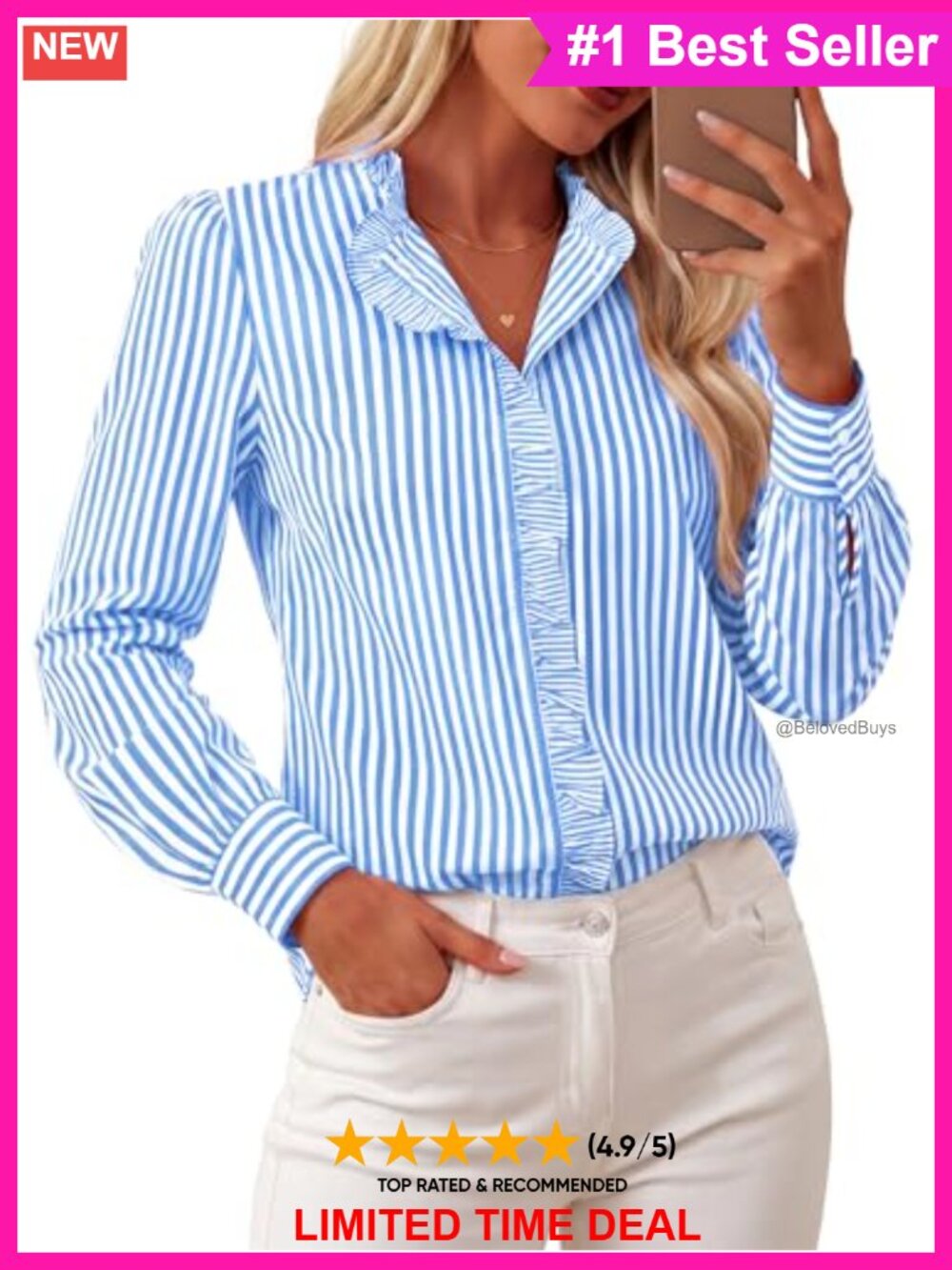 100% Cotton Ruffled Button Down Blouse Long Sleeve Work Top